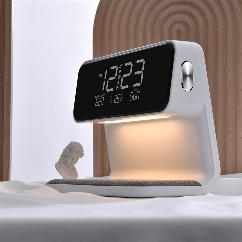 Lampada da comodino 3 in 1 con ricarica wireless – Sveglia LCD e luce LED dimmerabile touch