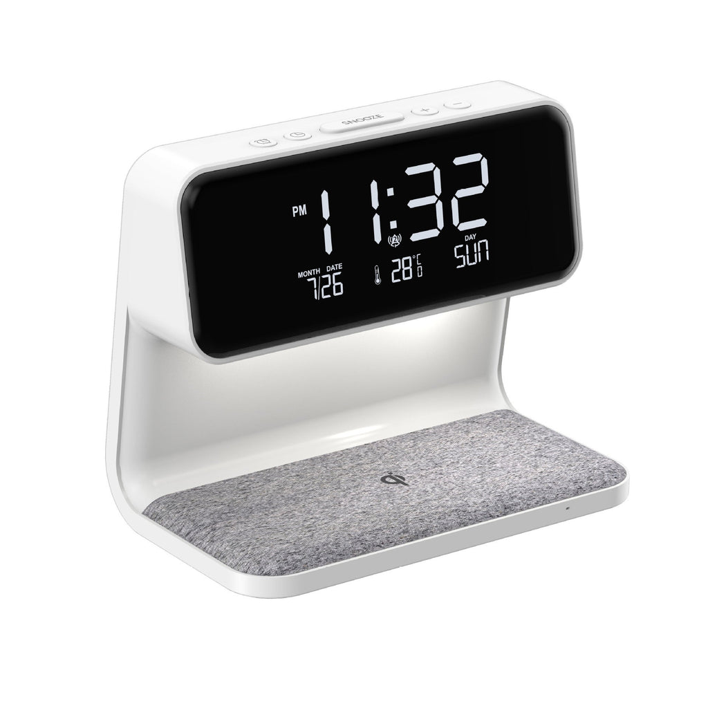 Lampada da comodino 3 in 1 con ricarica wireless – Sveglia LCD e luce LED dimmerabile touch