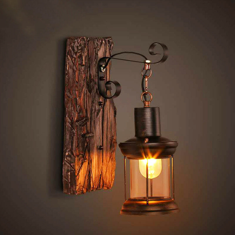 Lampada da parete a lanterna in legno marrone stile nautico industriale