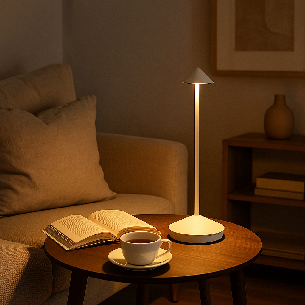 Lampada da tavolo ricaricabile senza fili in alluminio | Dimmer touch, 4 colori | LED bianco caldo, uso interno ed ester