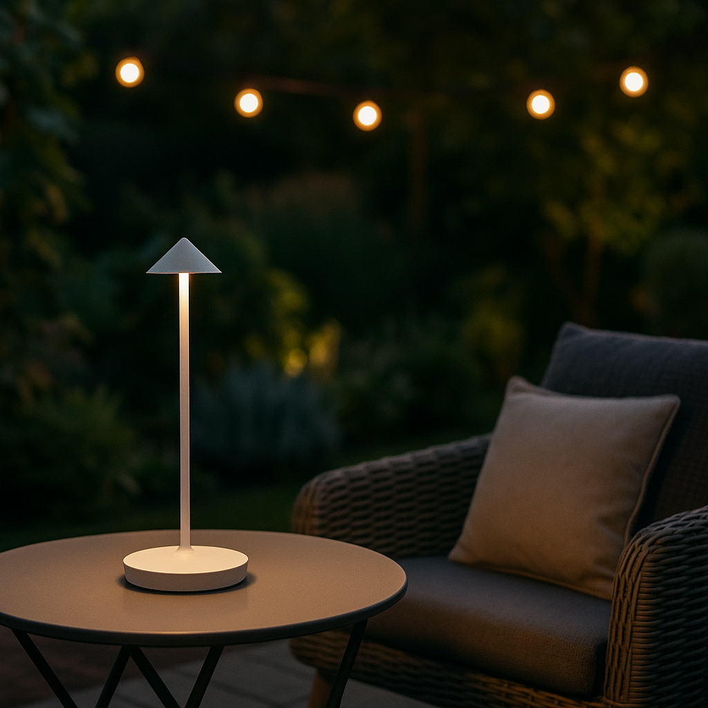Lampada da tavolo ricaricabile senza fili in alluminio | Dimmer touch, 4 colori | LED bianco caldo, uso interno ed ester