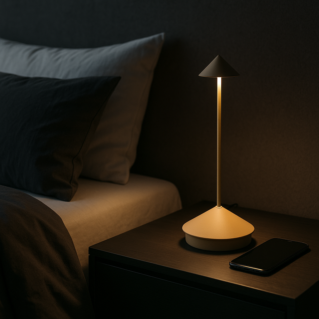 Lampada da tavolo ricaricabile senza fili in alluminio | Dimmer touch, 4 colori | LED bianco caldo, uso interno ed ester