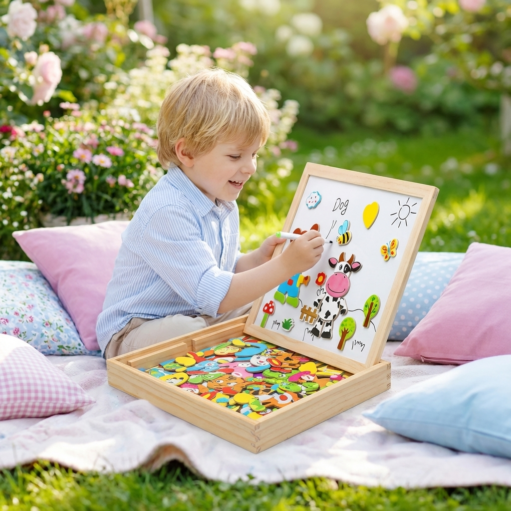Lavagna da disegno Montessori 2 in 1 in legno | Lato magnetico e lato scrivibile | Impara forme, colori e animali giocan