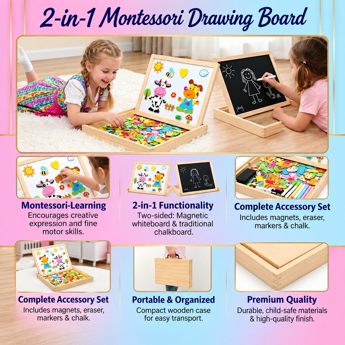 Lavagna da disegno Montessori 2 in 1 in legno | Lato magnetico e lato scrivibile | Impara forme, colori e animali giocan