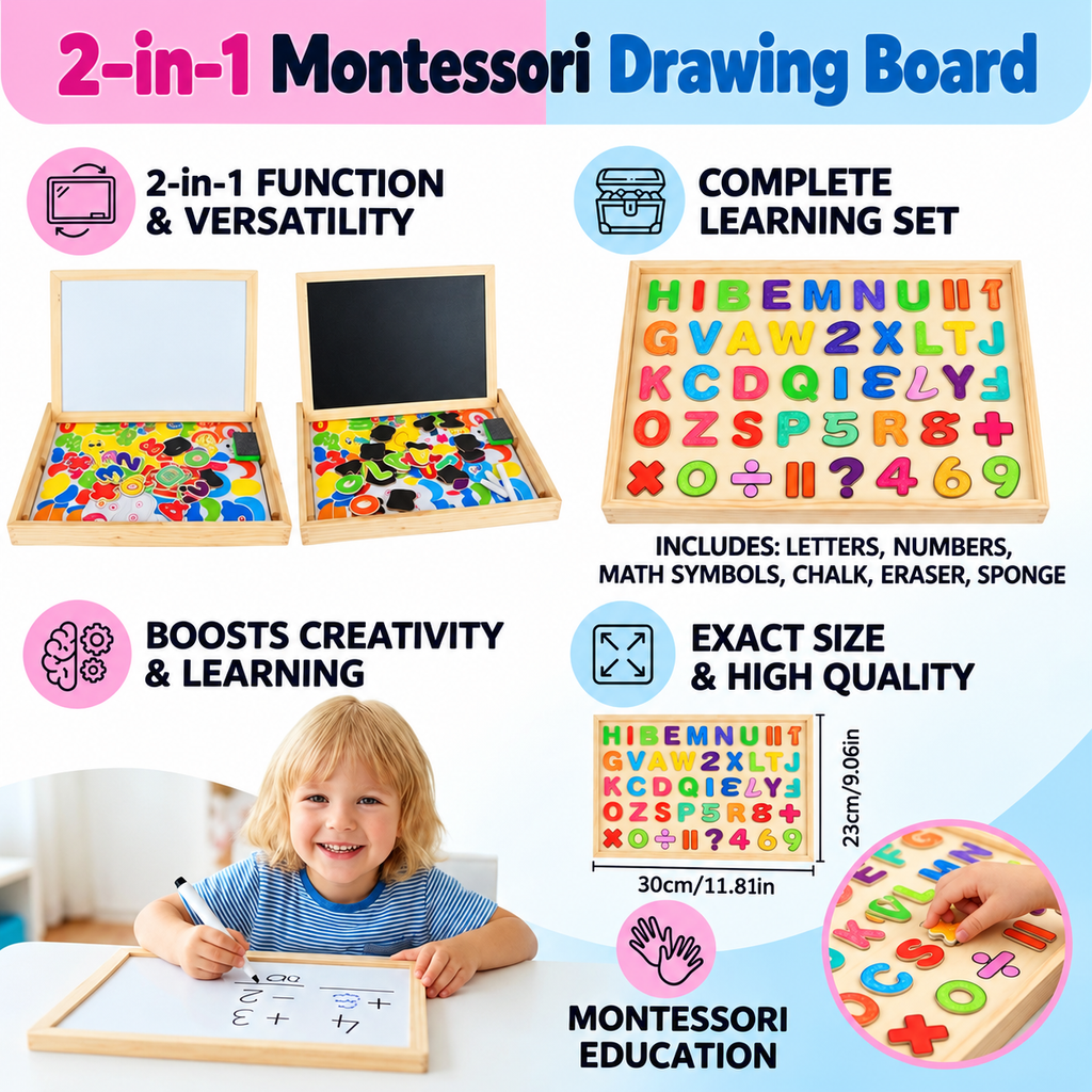 Lavagna da disegno Montessori 2 in 1 in legno | Lato magnetico e lato scrivibile | Impara forme, colori e animali giocan