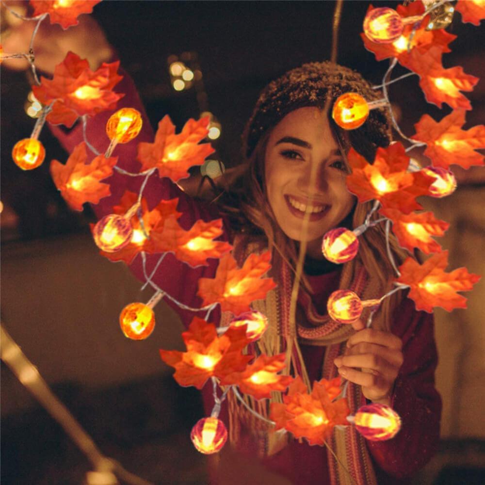 Luci LED a filo con foglie d'acero autunnali a batteria, ghirlanda decorativa per Halloween, Ringraziamento e camera da 