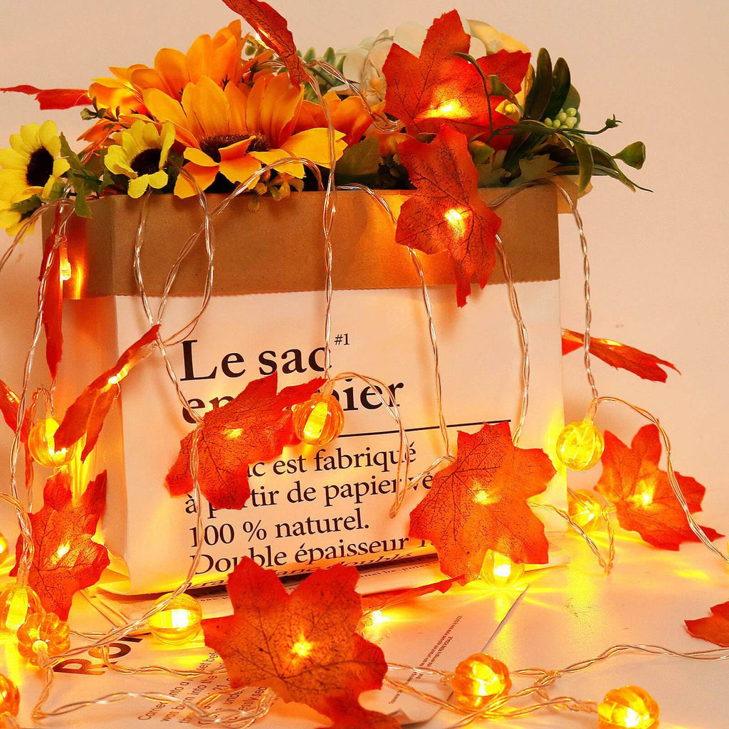 Luci LED a filo con foglie d'acero autunnali a batteria, ghirlanda decorativa per Halloween, Ringraziamento e camera da 
