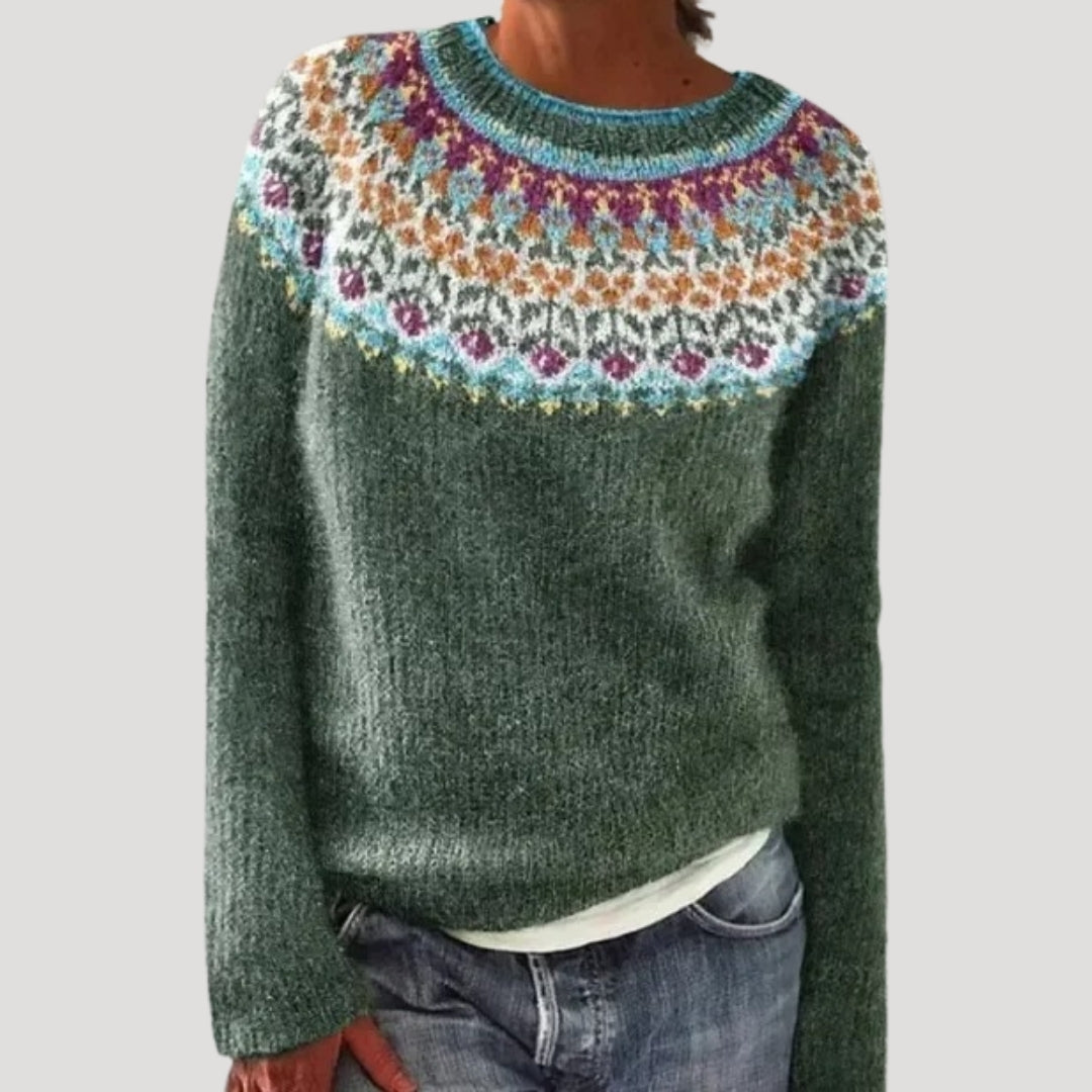 Maglione da donna girocollo con motivo decorativo sullo scollo