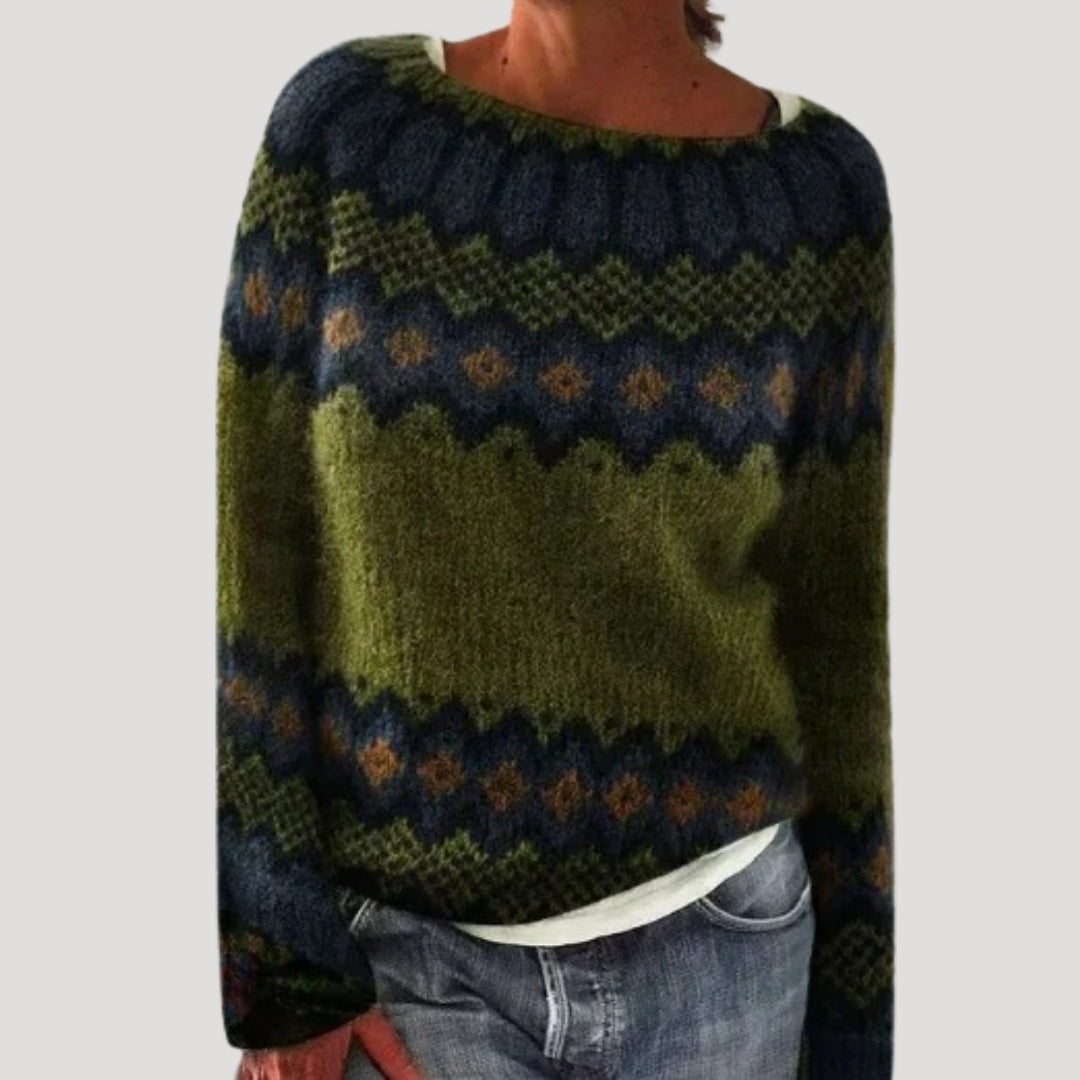 Maglione da donna girocollo con motivo decorativo sullo scollo