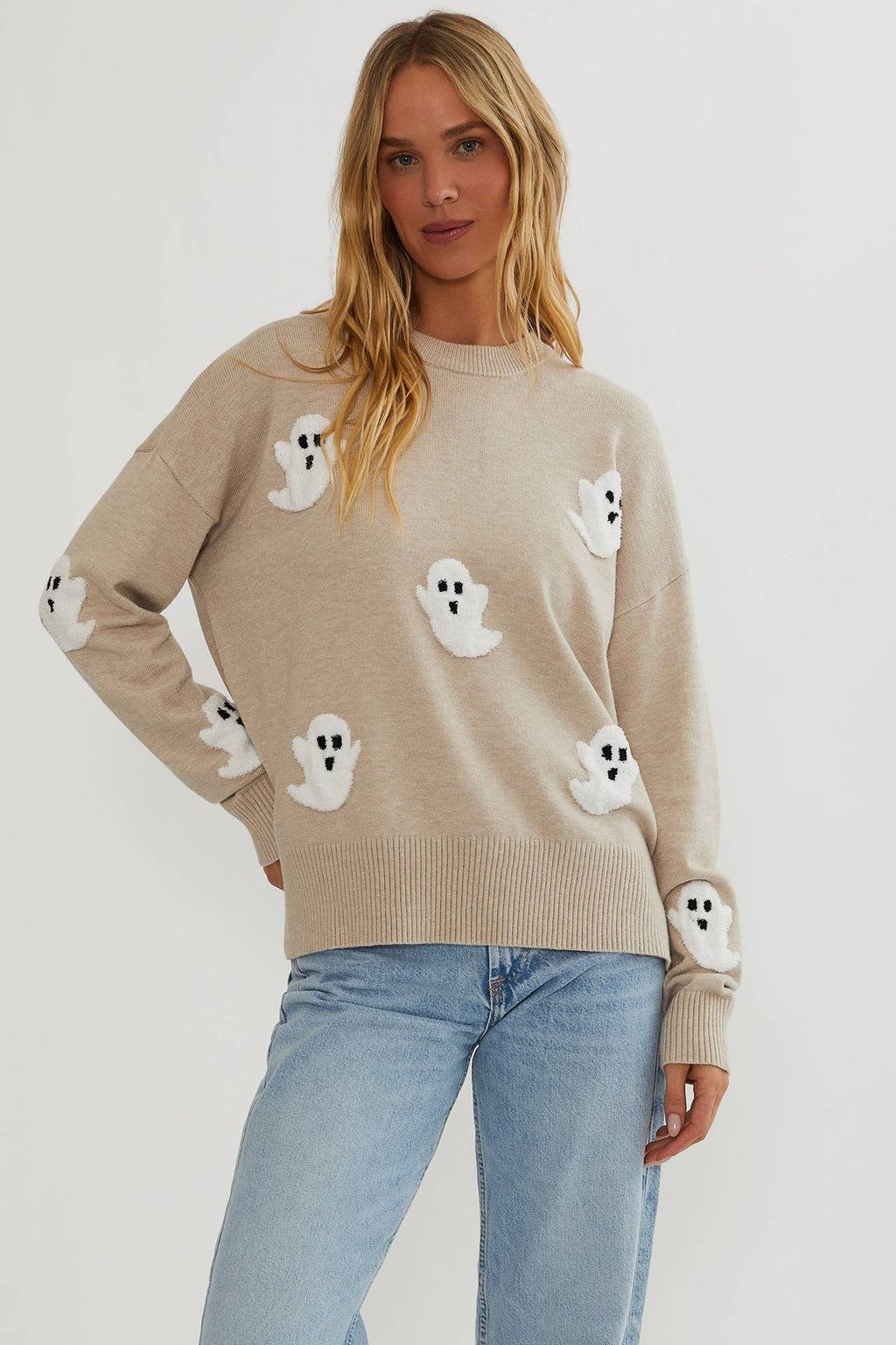 Maglione da donna in maglia con applicazioni di fantasmi - Maglione a maniche lunghe accogliente