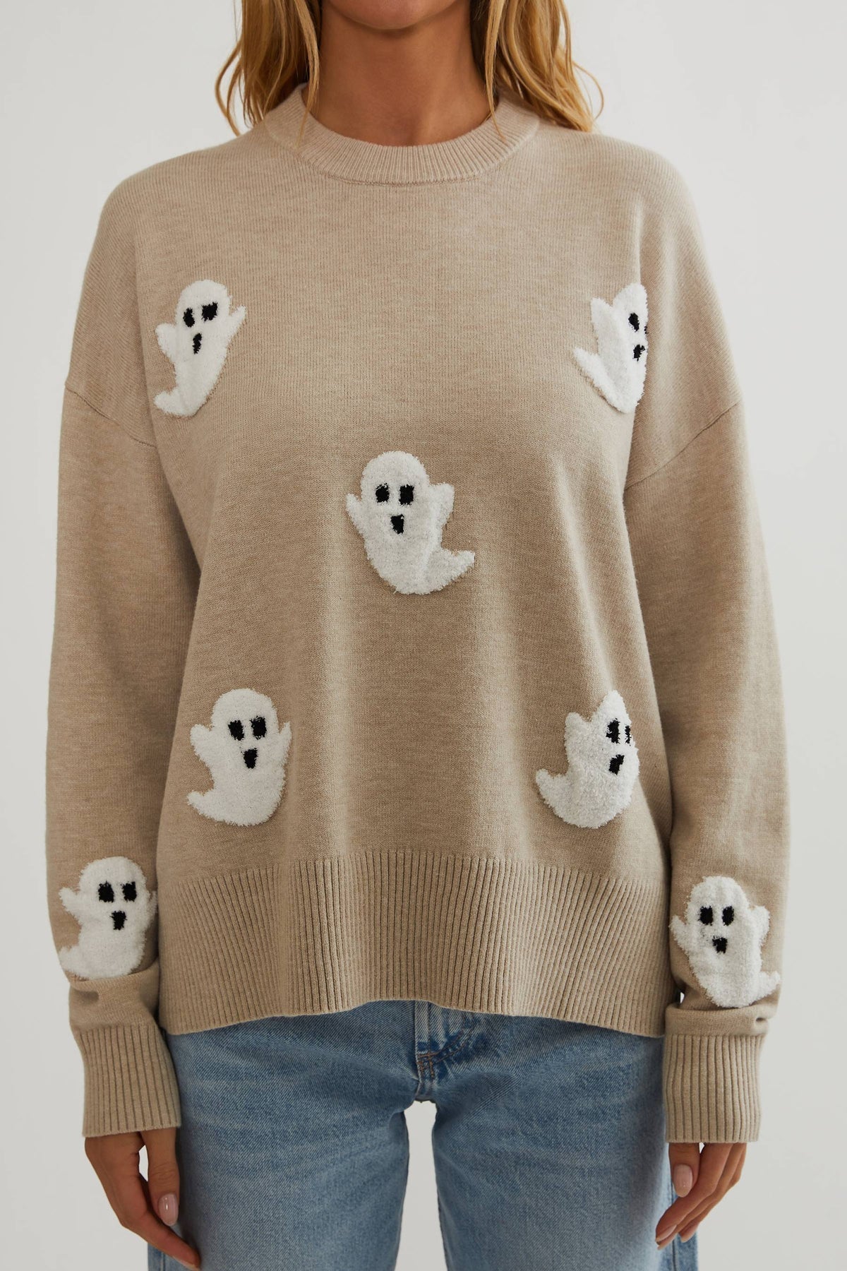 Maglione da donna in maglia con applicazioni di fantasmi - Maglione a maniche lunghe accogliente