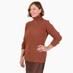 Maglione donna a collo alto con trecce, maniche lunghe e bordi a coste