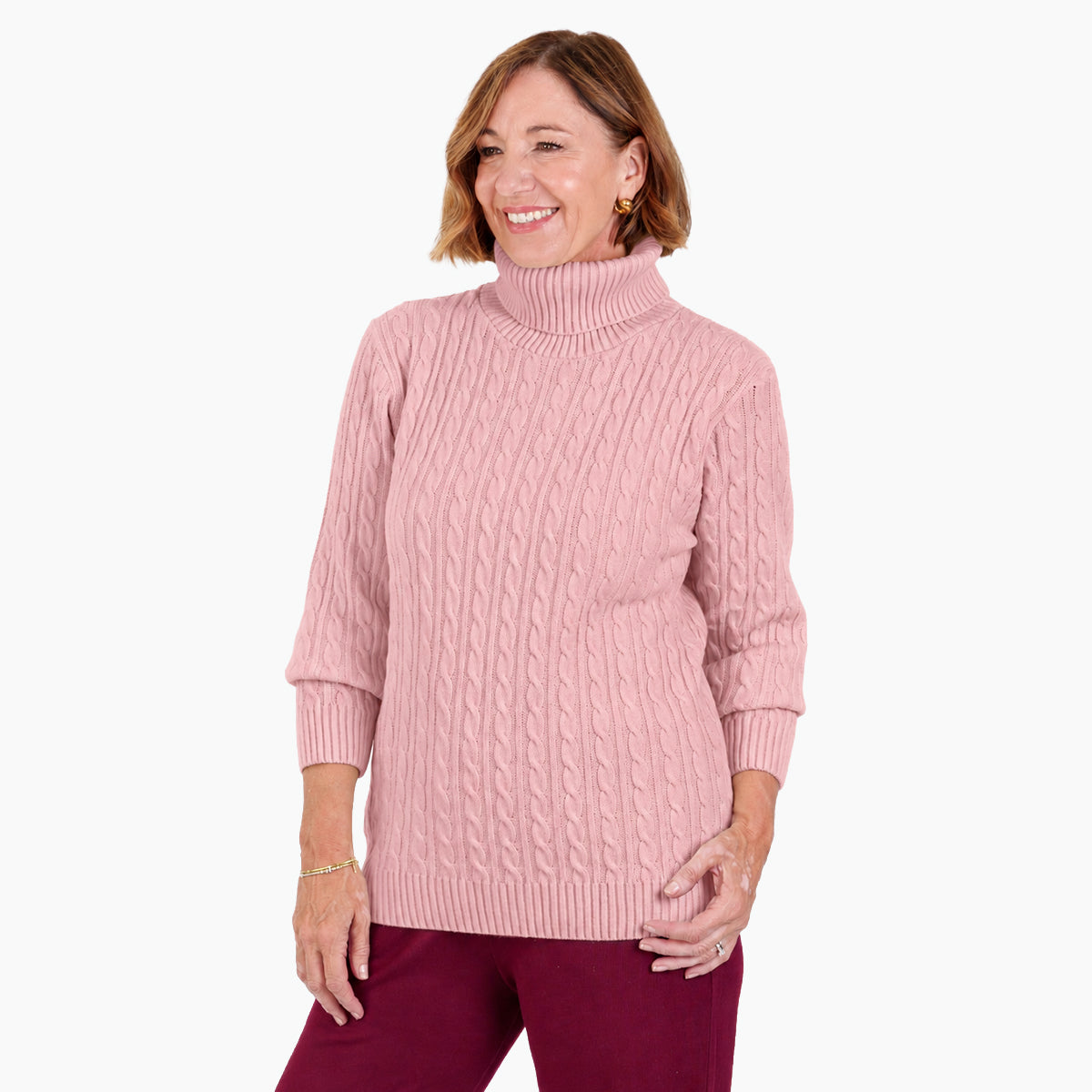 Maglione donna a collo alto con trecce, maniche lunghe e bordi a coste