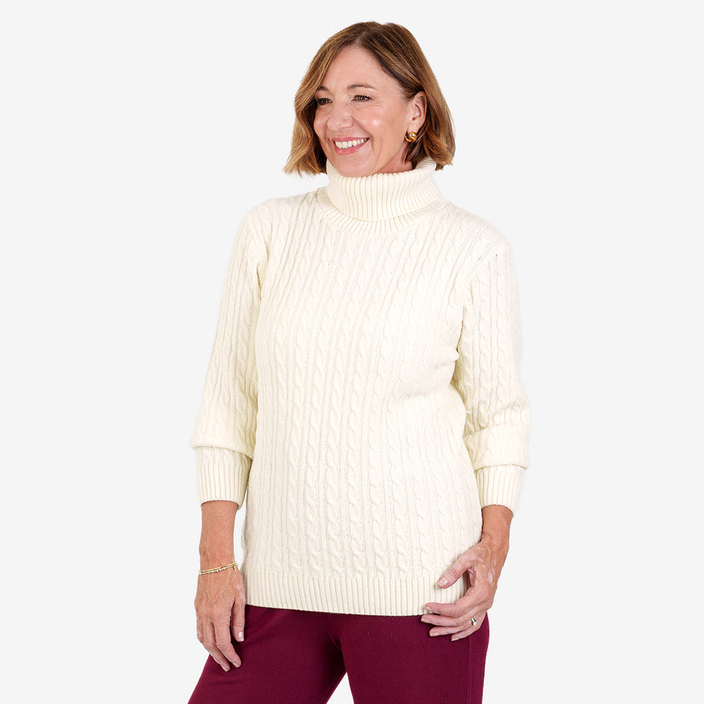 Maglione donna a collo alto con trecce, maniche lunghe e bordi a coste
