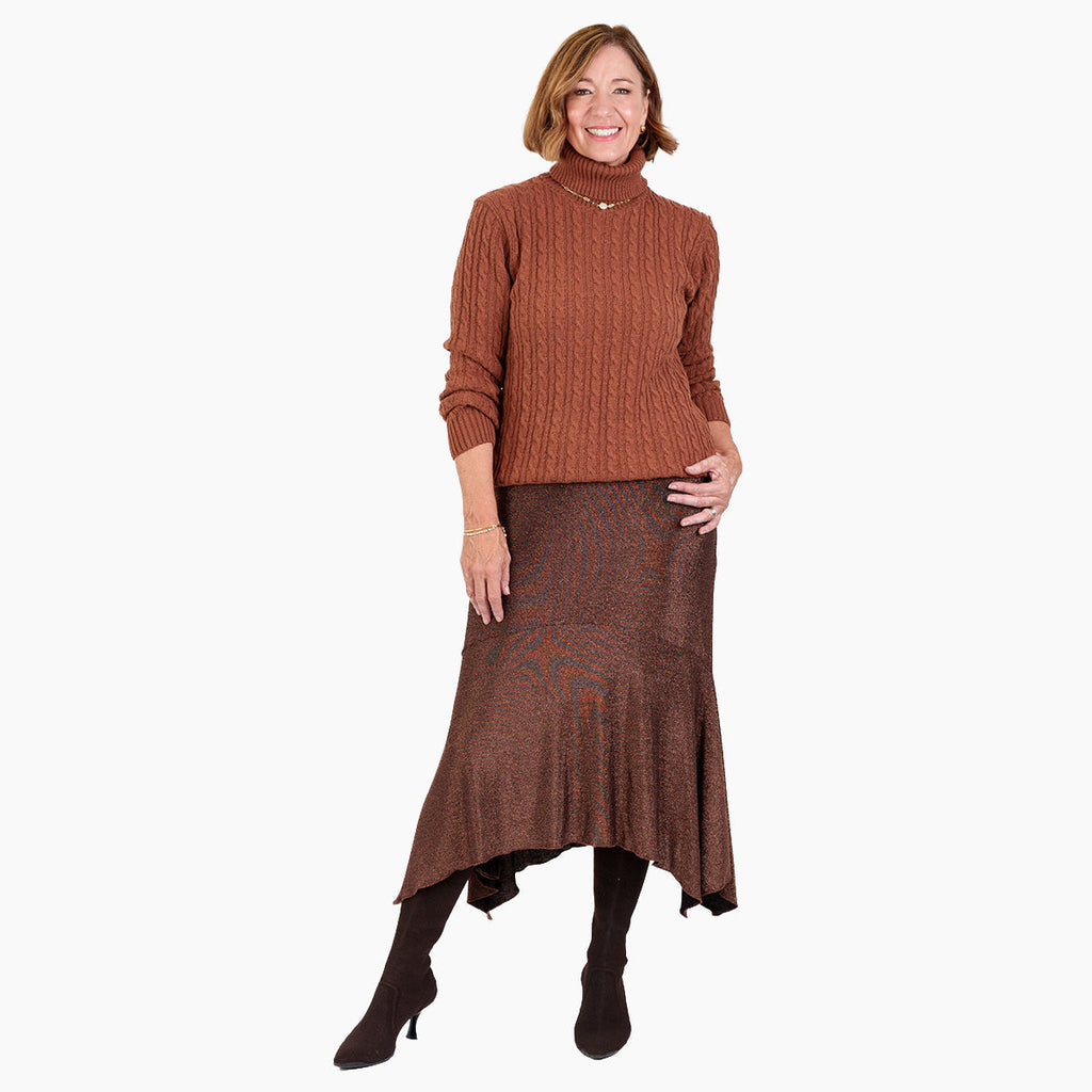 Maglione donna a collo alto con trecce, maniche lunghe e bordi a coste