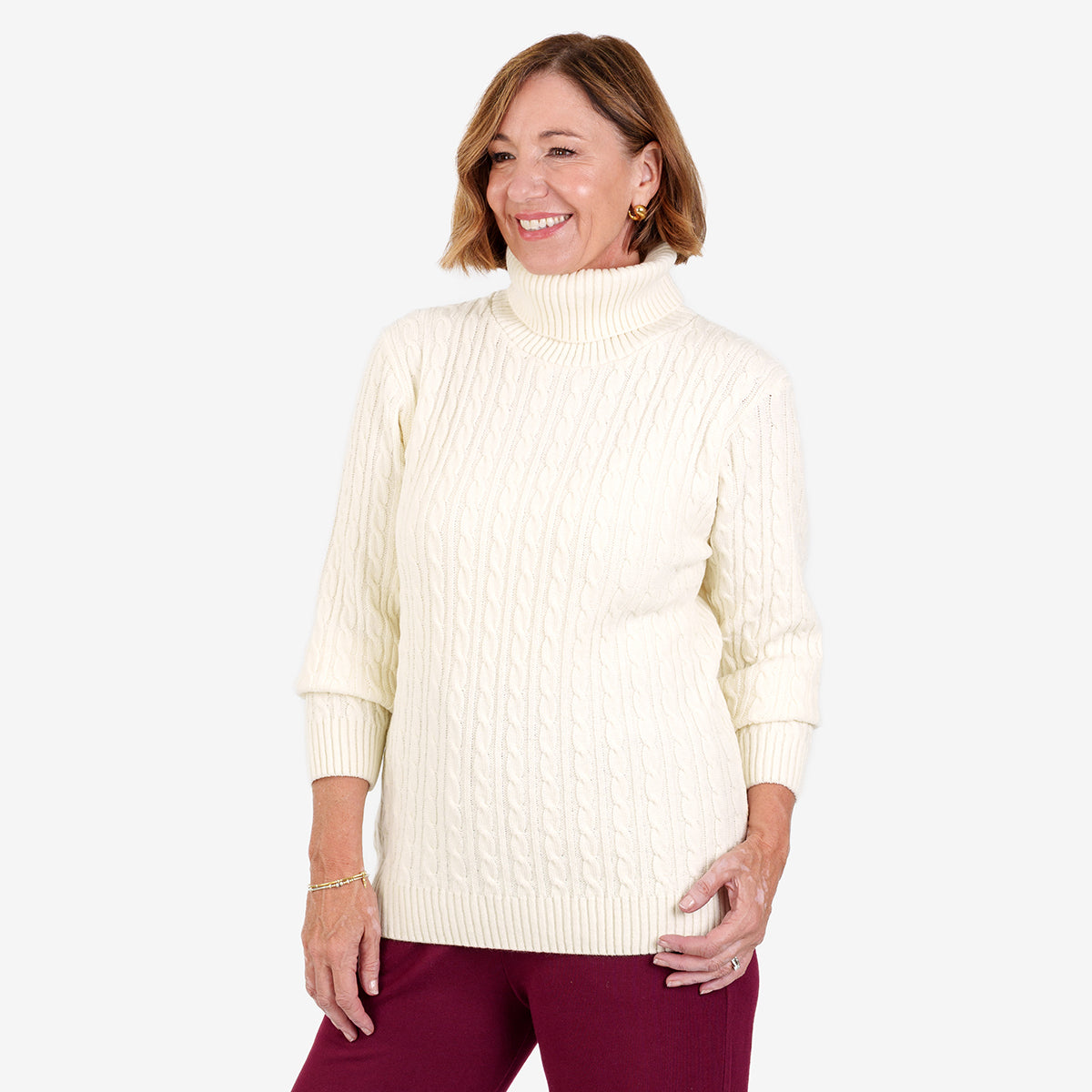 Maglione donna a collo alto con trecce, maniche lunghe e bordi a coste