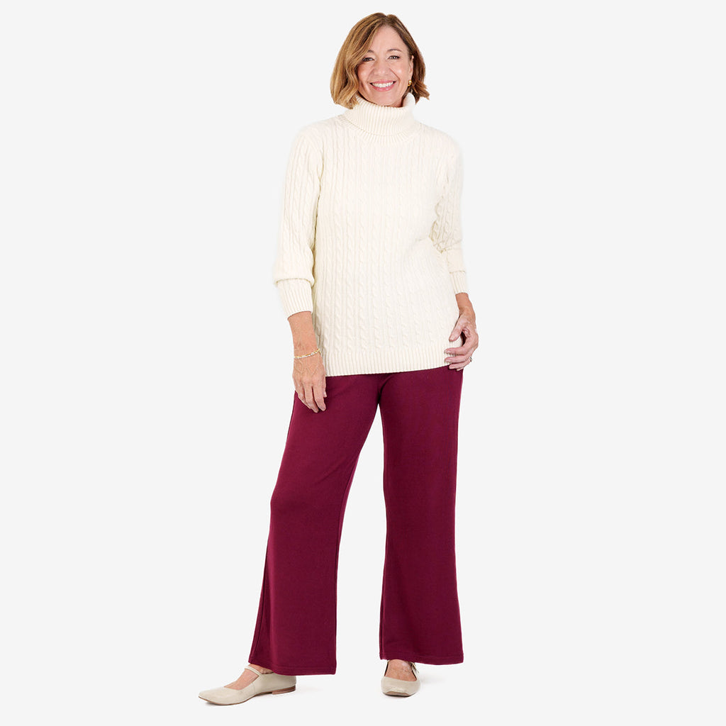 Maglione donna a collo alto con trecce, maniche lunghe e bordi a coste