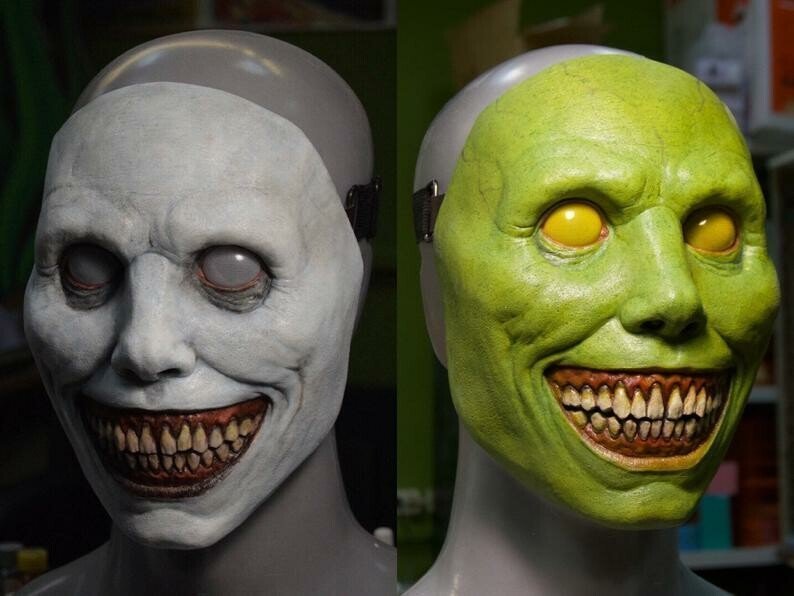 Maschera di Halloween spaventosa, maschera demone sorridente in lattice per adulti, maschera inquietante per feste e cos