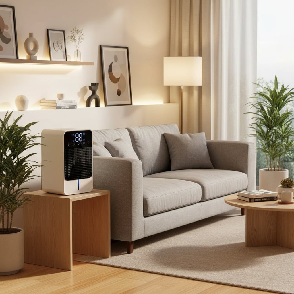 Mini deumidificatore per scantinato e camera da letto con pannello touch LED, serbatoio da 1,5 l e tubo di scarico
