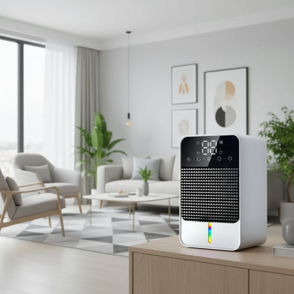 Mini deumidificatore per scantinato e camera da letto con pannello touch LED, serbatoio da 1,5 l e tubo di scarico