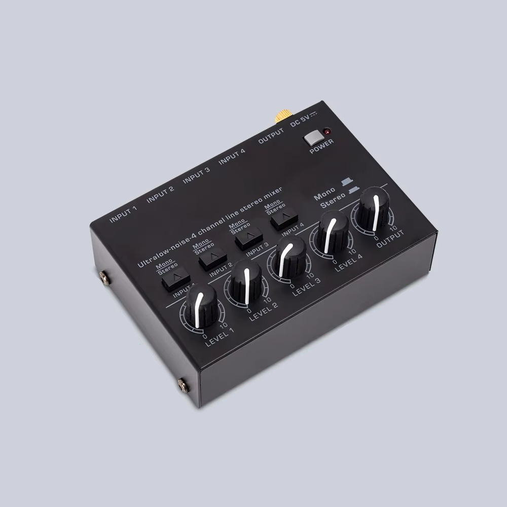 Mixer audio ultra-compatto 4 canali a basso rumore con uscita RCA stereo