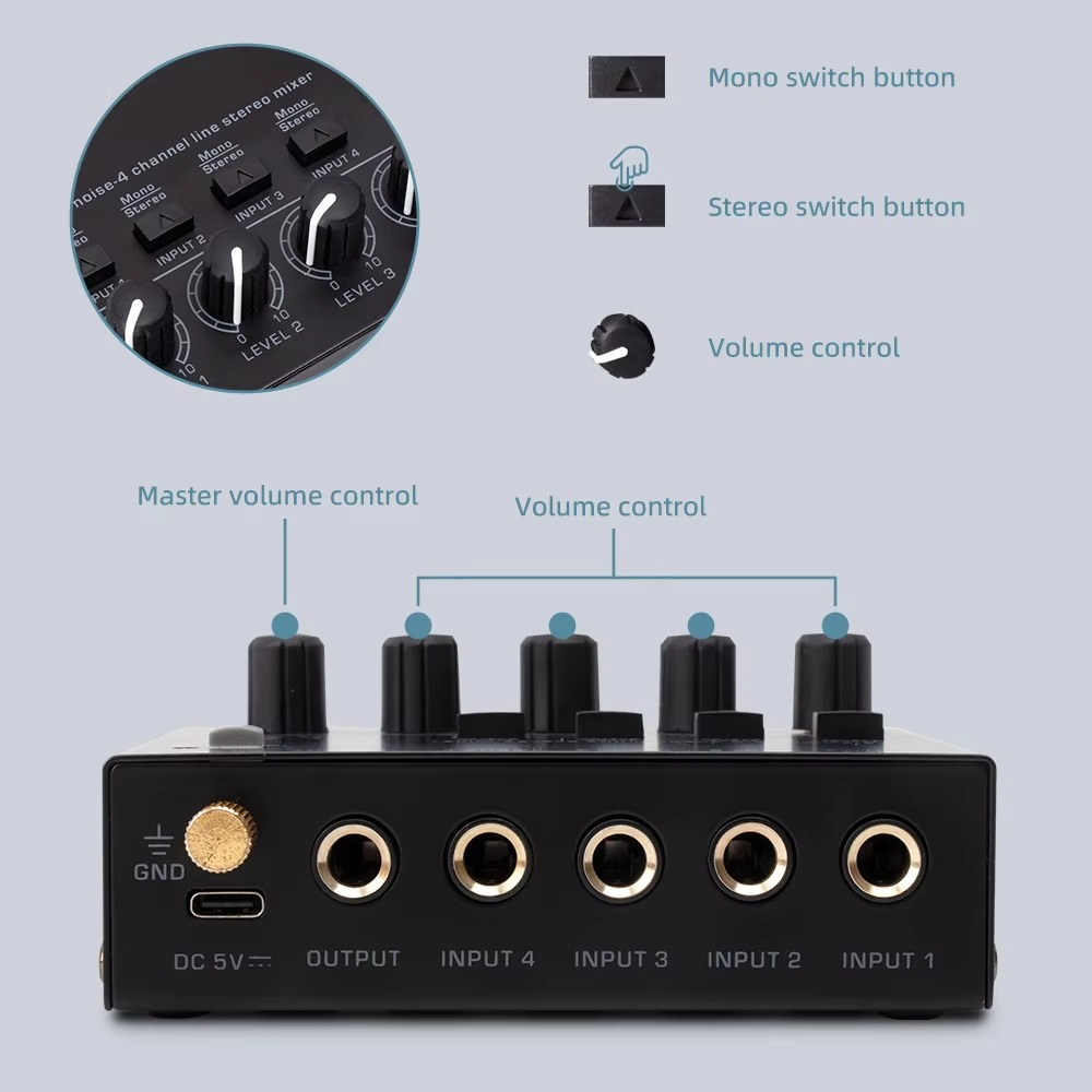 Mixer audio ultra-compatto 4 canali a basso rumore con uscita RCA stereo