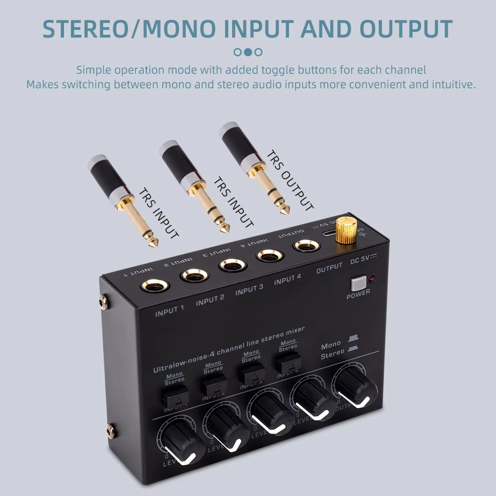 Mixer audio ultra-compatto 4 canali a basso rumore con uscita RCA stereo