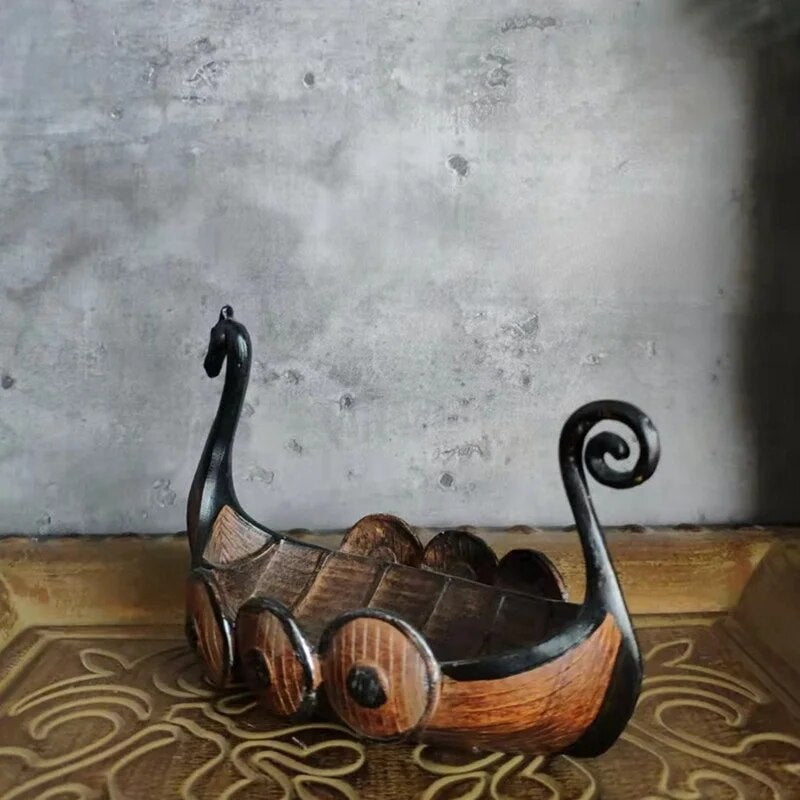 Nave vichinga decorativa in resina effetto legno