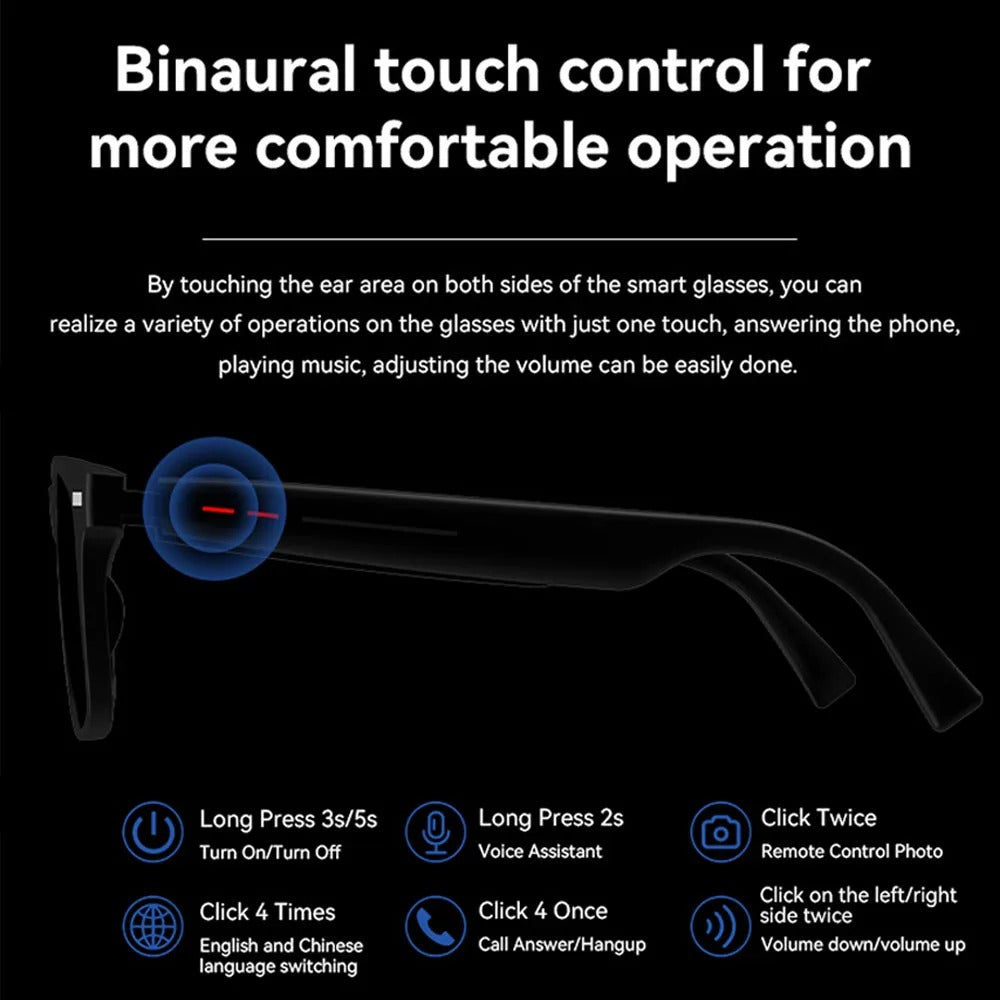 Occhiali smart con filtro luce blu, impermeabili, chiamate Bluetooth e musica per uso quotidiano