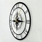 Orologio da parete con quadrante bussola e rosa dei venti, cornice in metallo