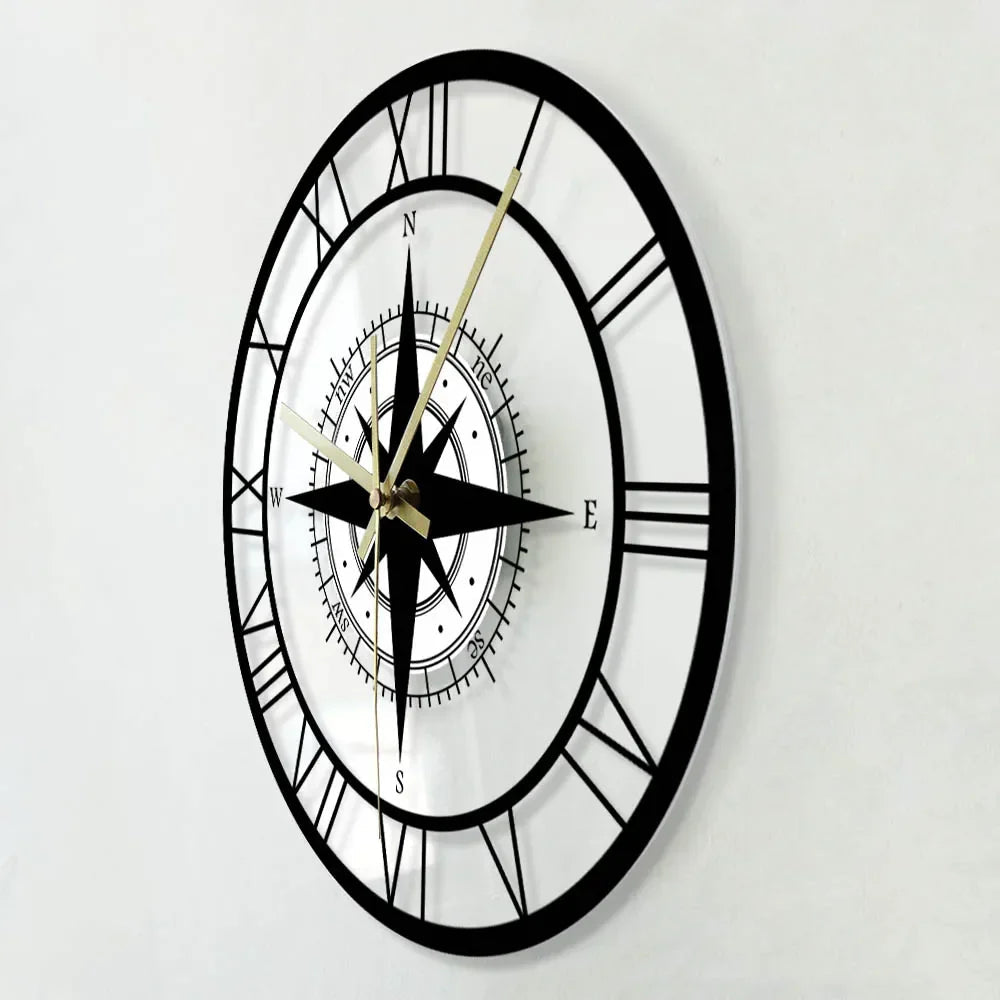 Orologio da parete con quadrante bussola e rosa dei venti, cornice in metallo