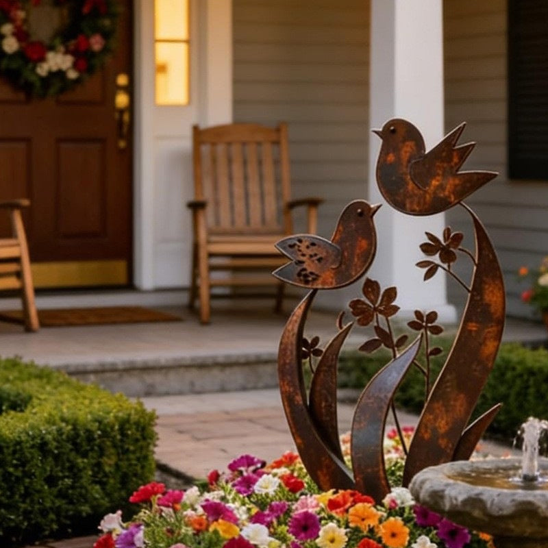 Paletto da giardino con silhouette di uccelli e fiori, finitura ferro invecchiato