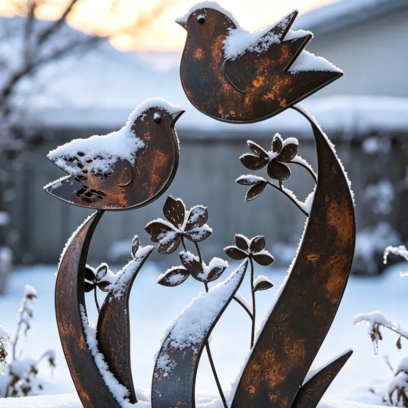 Paletto da giardino con silhouette di uccelli e fiori, finitura ferro invecchiato