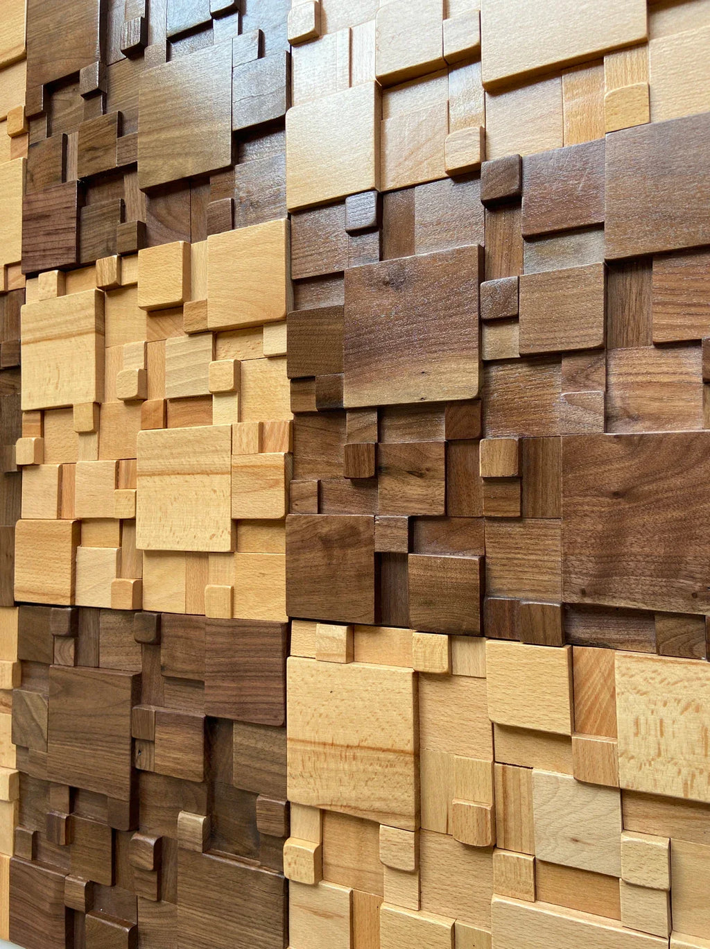 Pannelli acustici a mosaico in legno massello di faggio e noce
