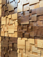 Pannelli acustici a mosaico in legno massello di faggio e noce