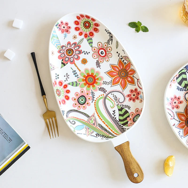 Piatti ovali in ceramica nordica con manico in legno