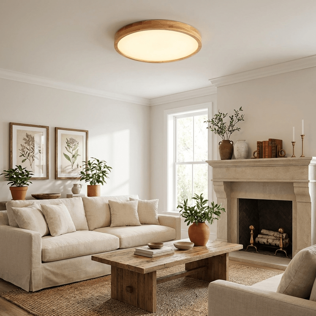 Plafoniera LED geometrica in legno a filo soffitto