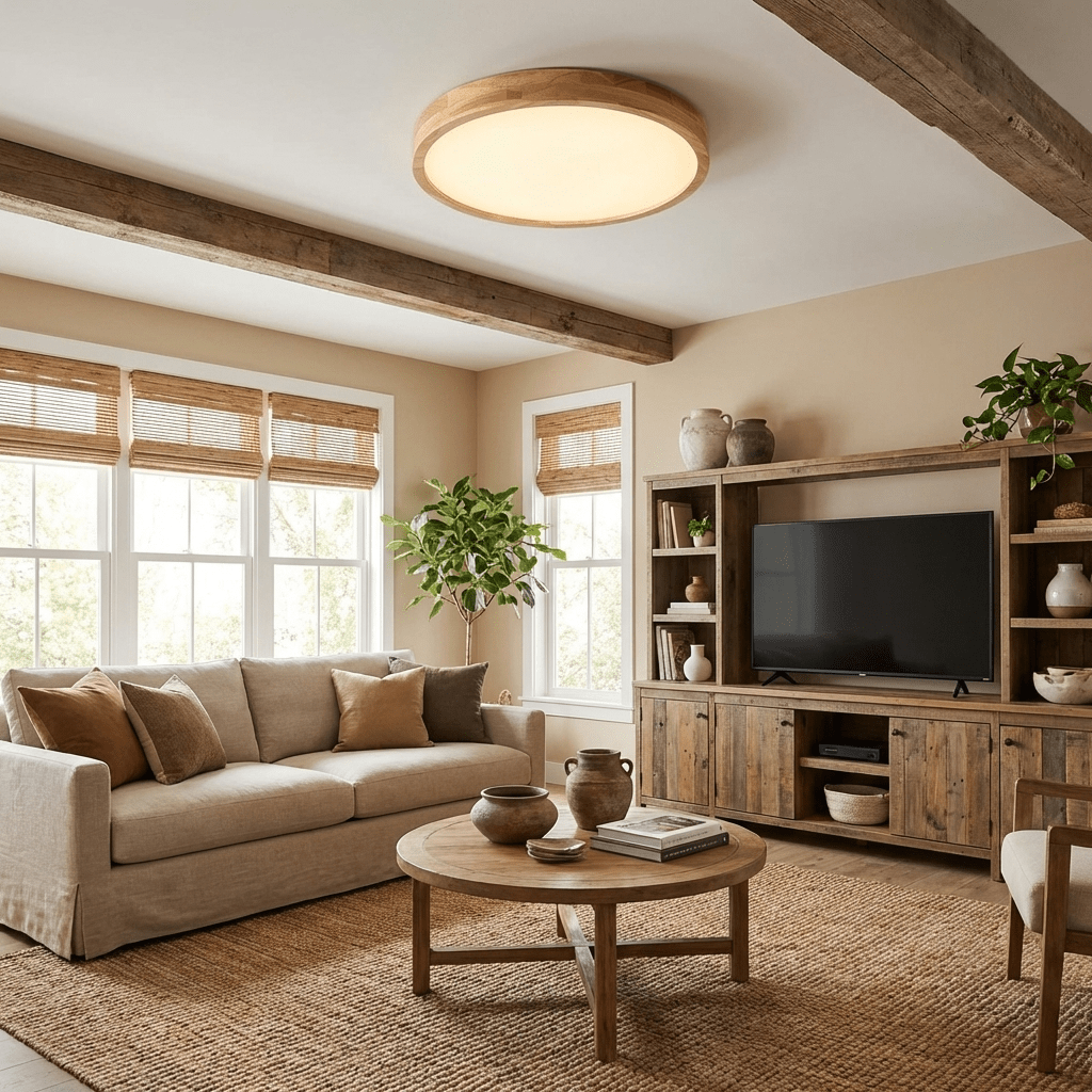 Plafoniera LED geometrica in legno a filo soffitto