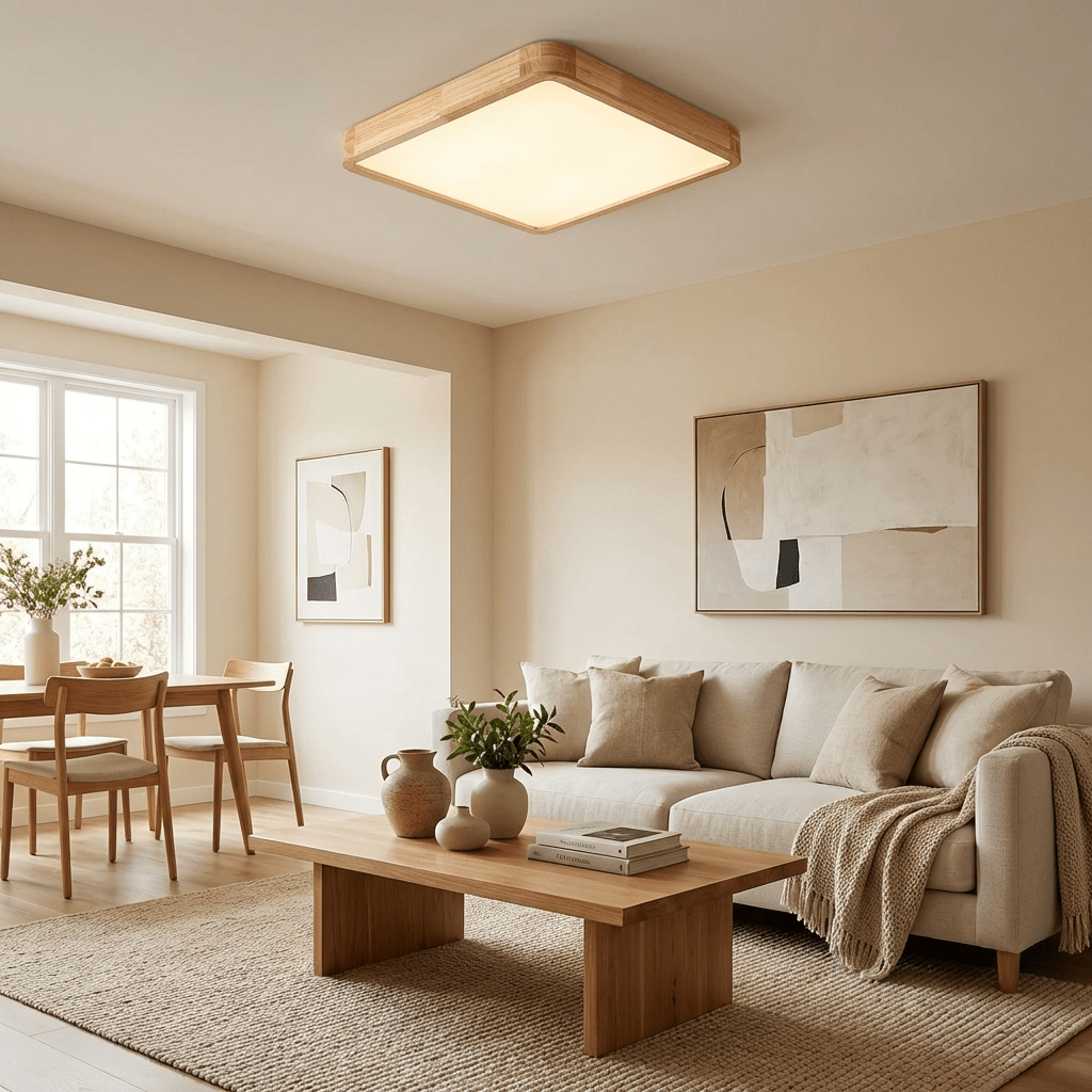 Plafoniera LED geometrica in legno a filo soffitto