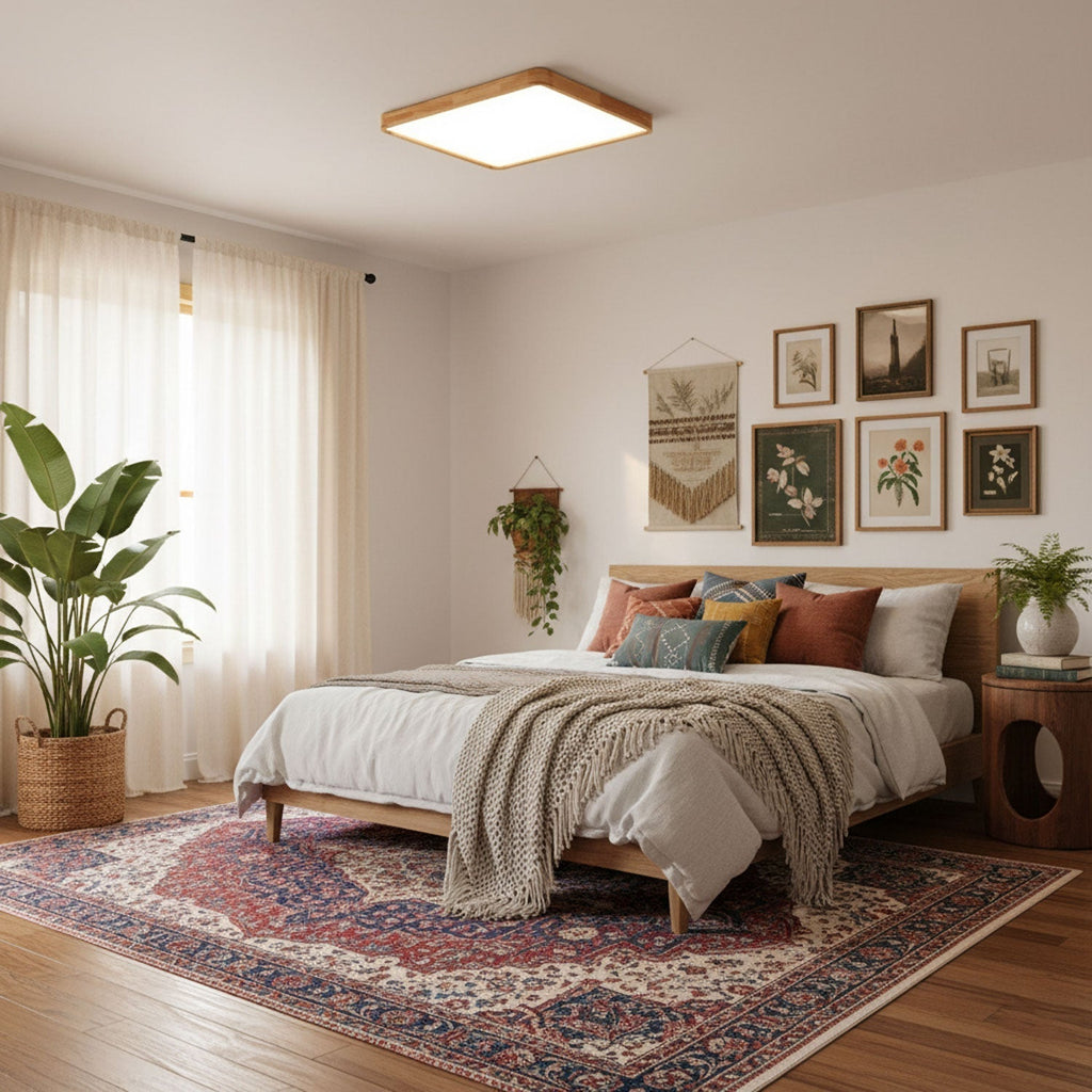 Plafoniera LED geometrica in legno a filo soffitto