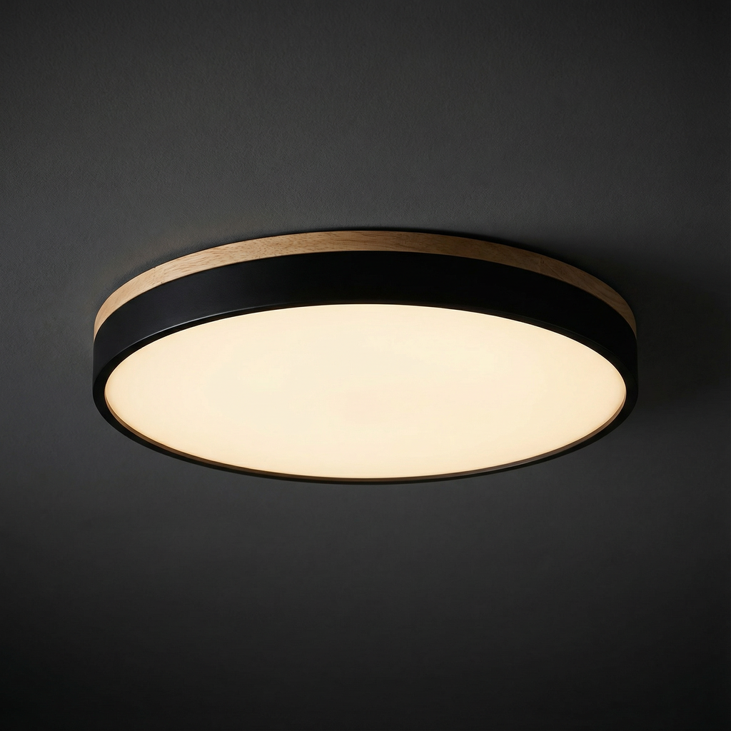 Plafoniera rotonda a filo soffitto con finitura in legno