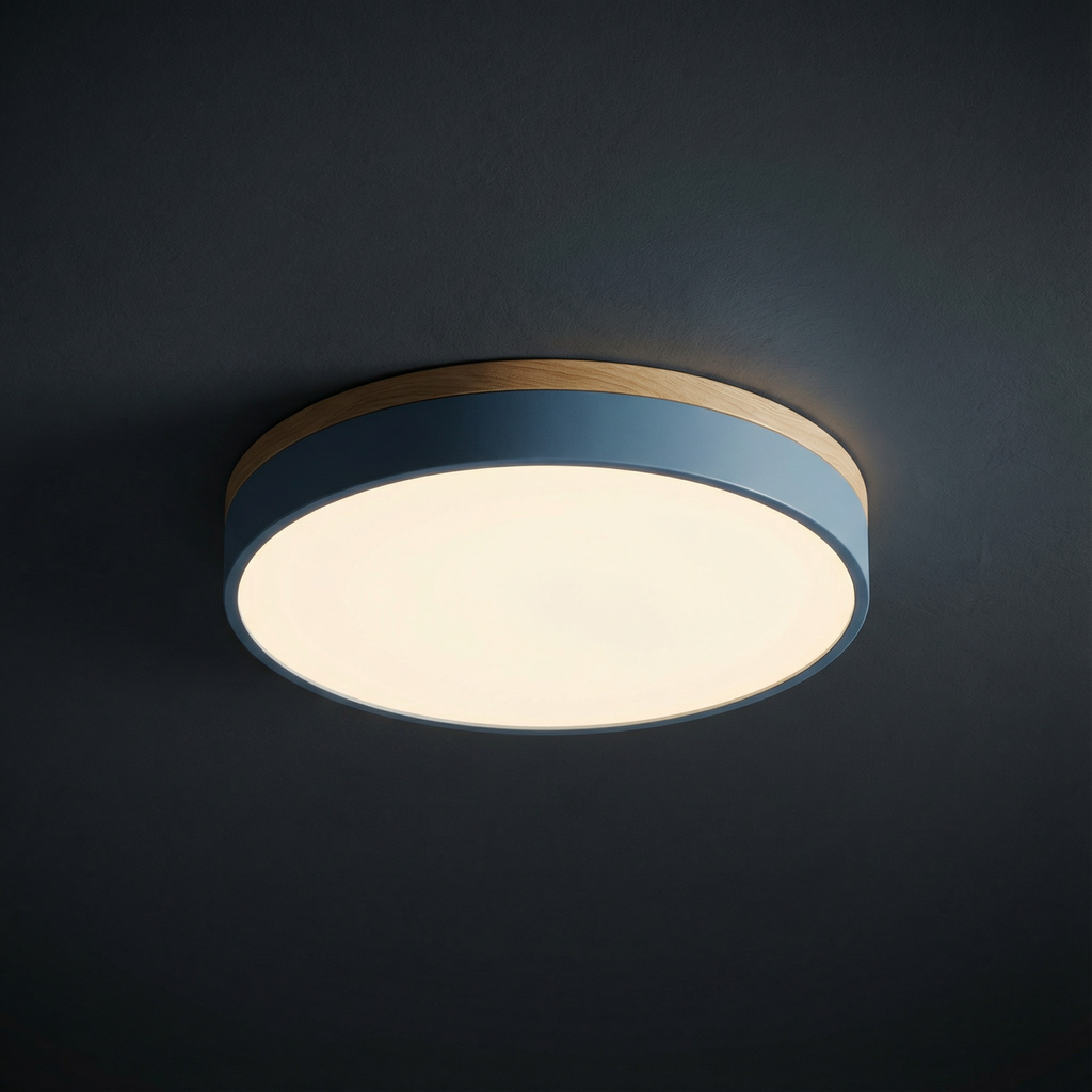 Plafoniera rotonda a filo soffitto con finitura in legno