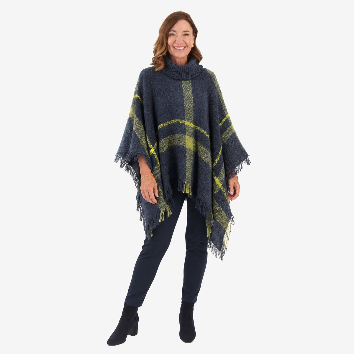 Poncho a quadri effetto tweed Sugar Crisp da donna con collo alto e orlo sfrangiato