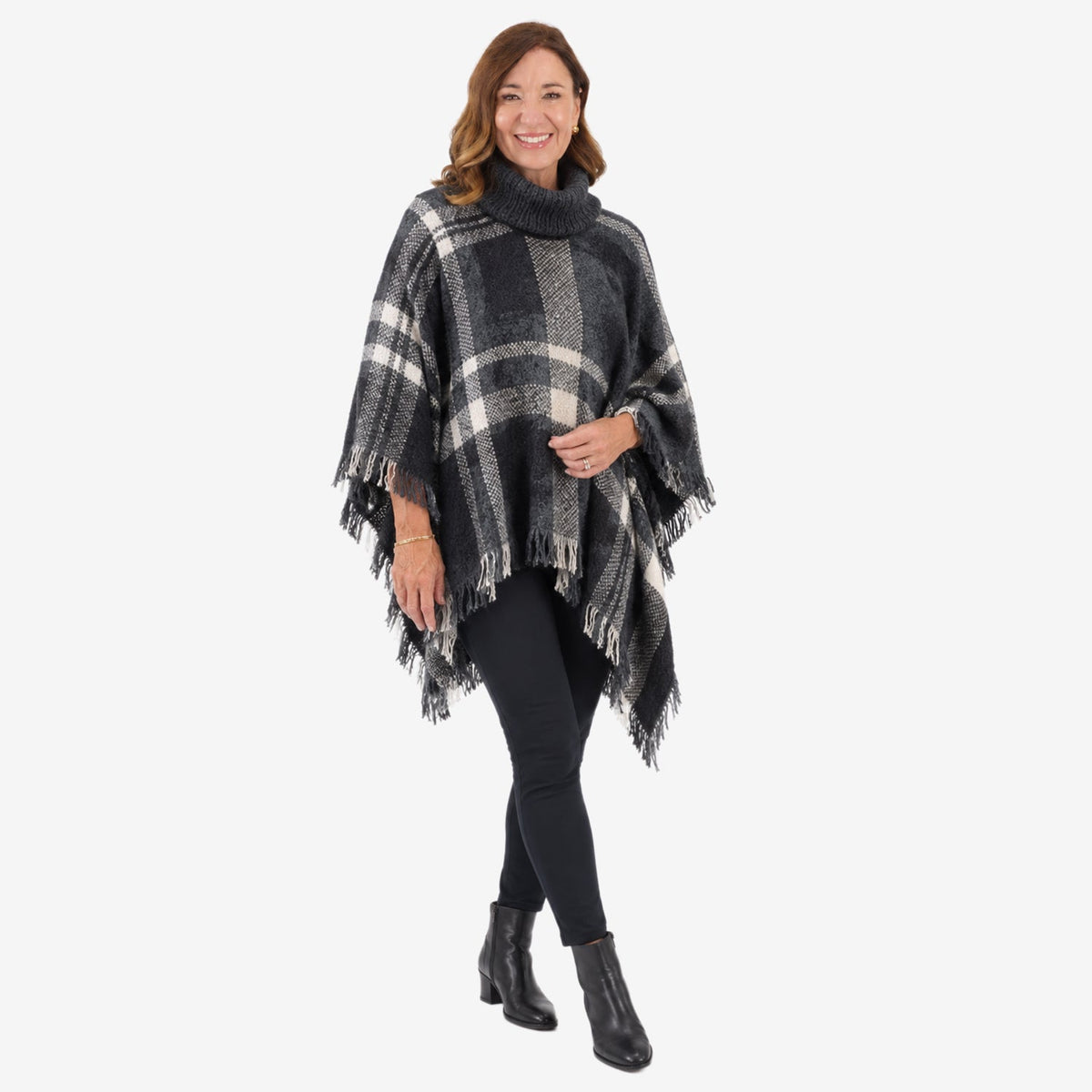 Poncho a quadri effetto tweed Sugar Crisp da donna con collo alto e orlo sfrangiato