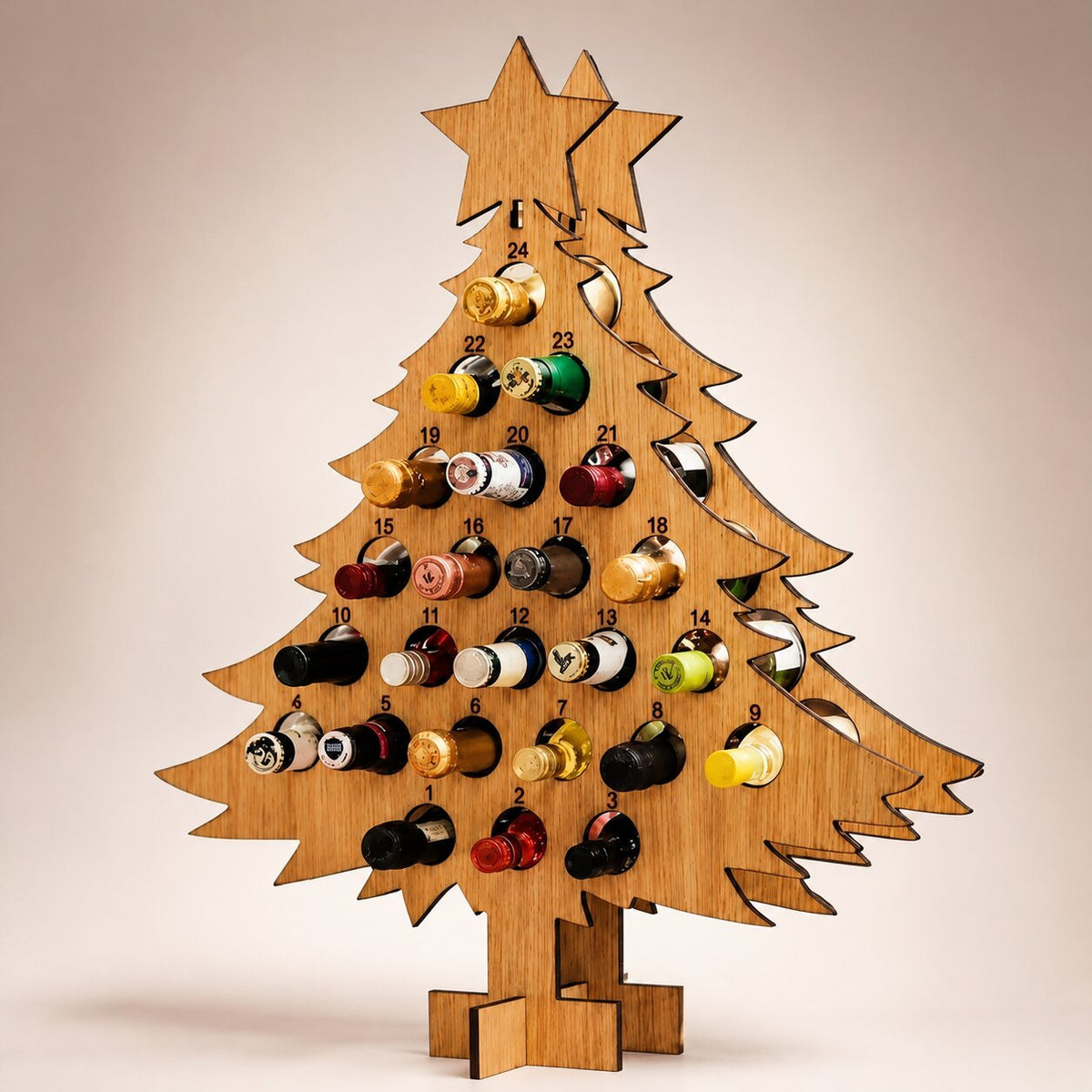 Portabottiglie calendario dell'avvento in legno con 24 scomparti per vino e birra
