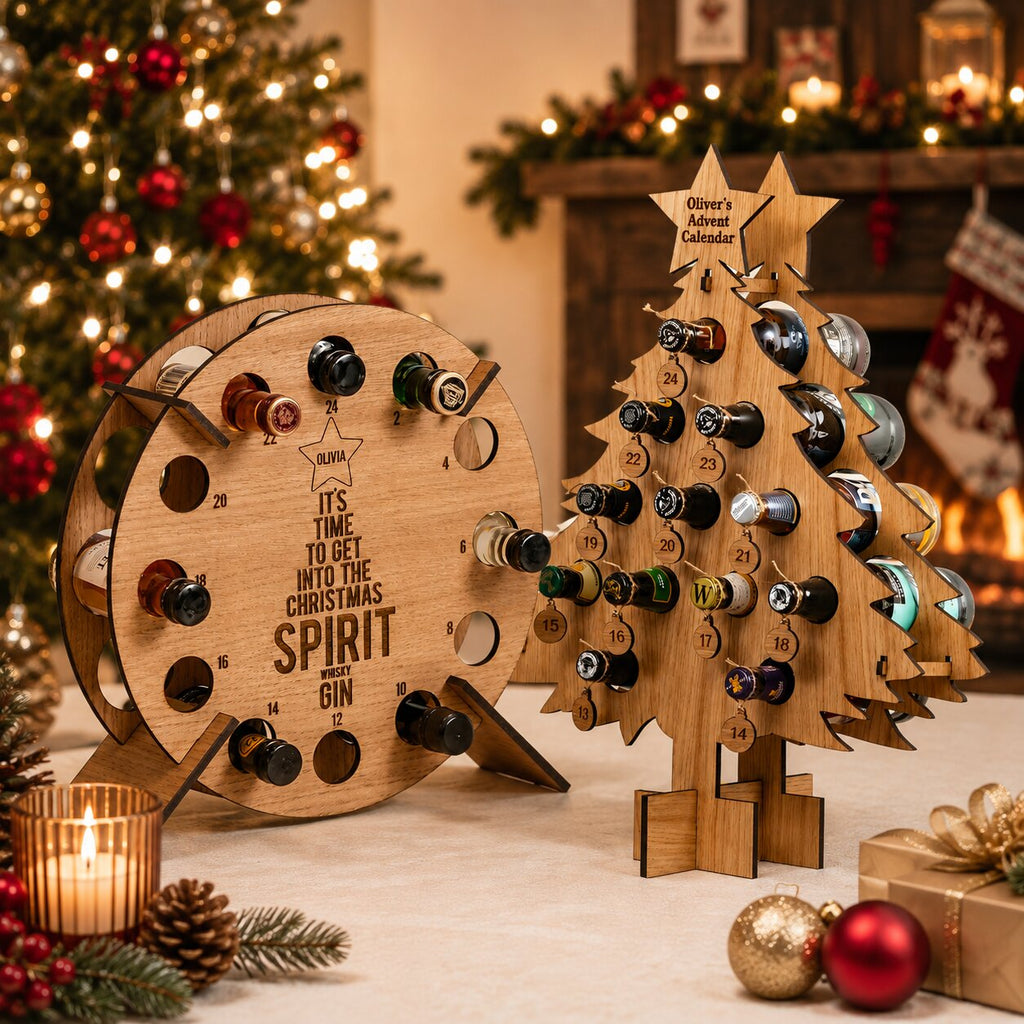 Portabottiglie calendario dell'avvento in legno con 24 scomparti per vino e birra