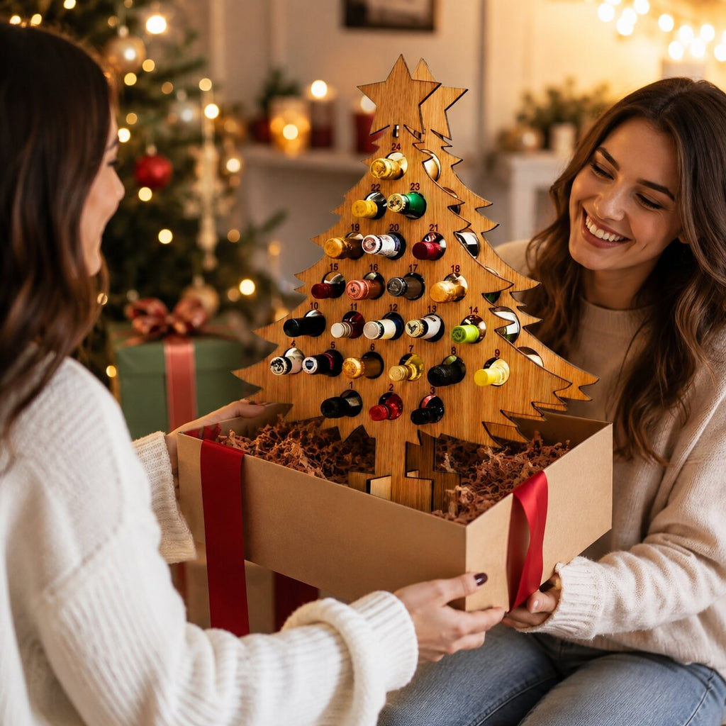 Portabottiglie calendario dell'avvento in legno con 24 scomparti per vino e birra