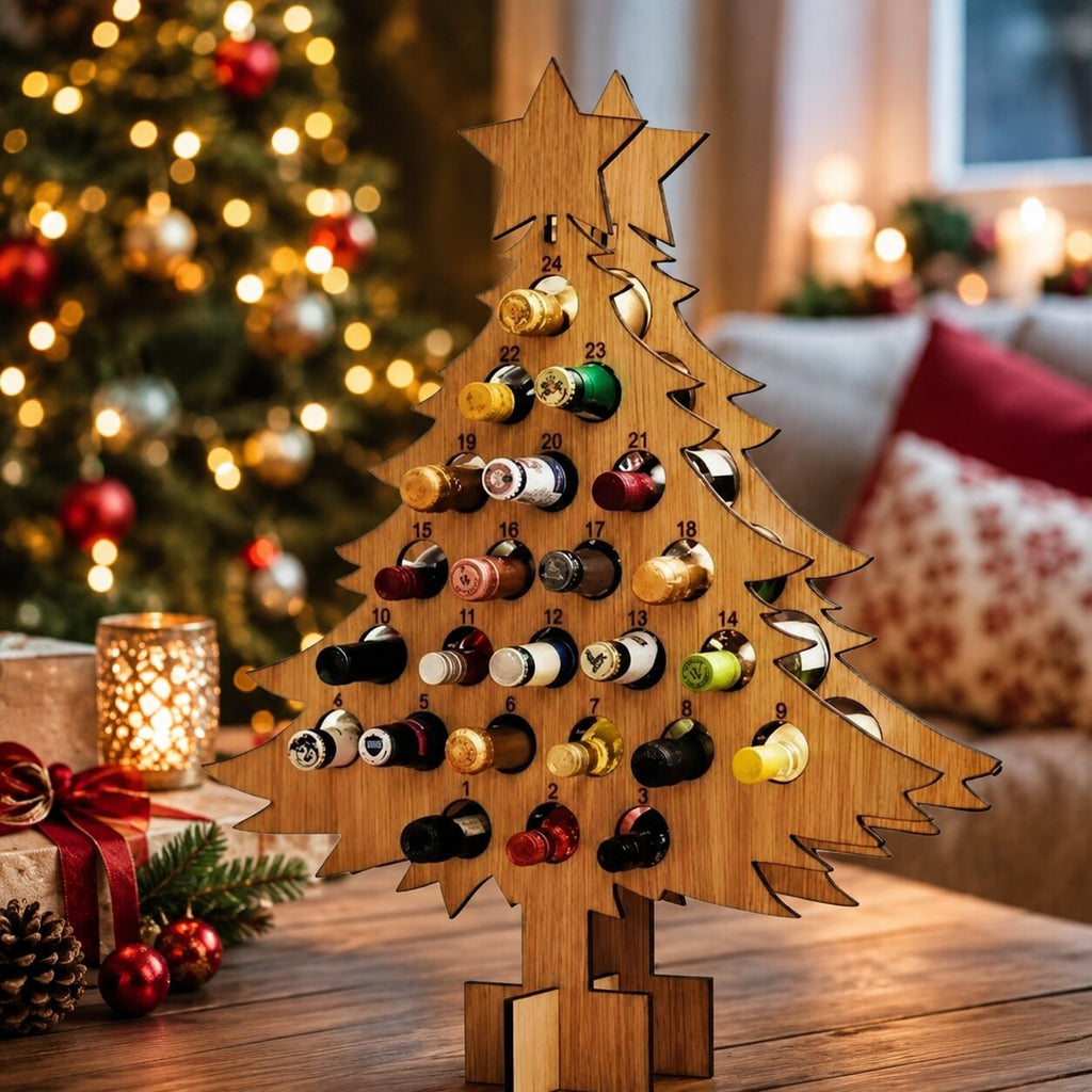 Portabottiglie calendario dell'avvento in legno con 24 scomparti per vino e birra