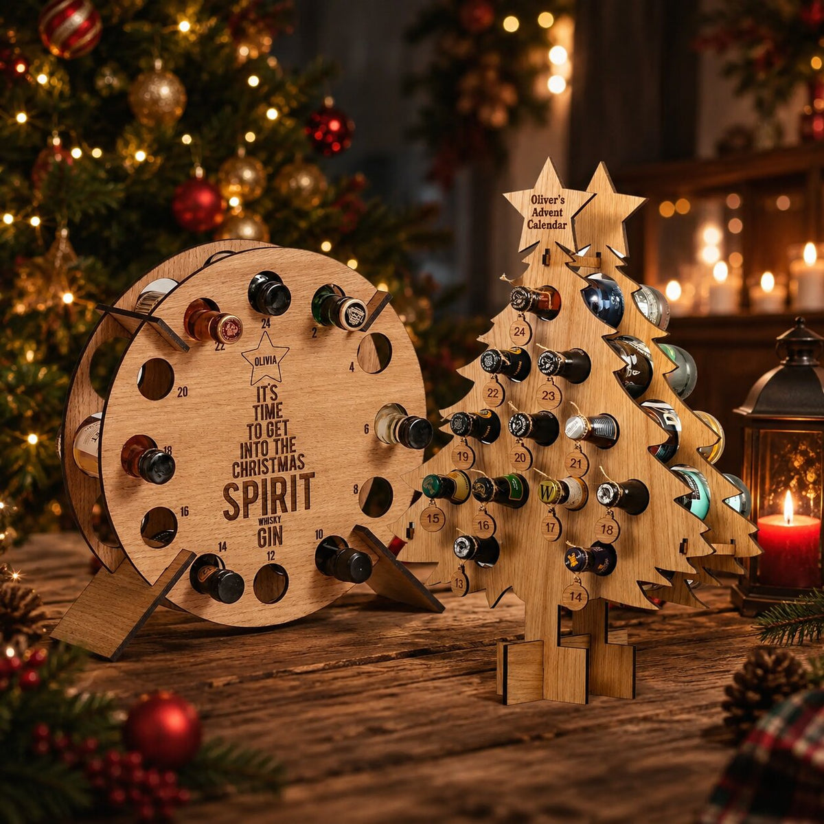 Portabottiglie calendario dell'avvento in legno con 24 scomparti per vino e birra
