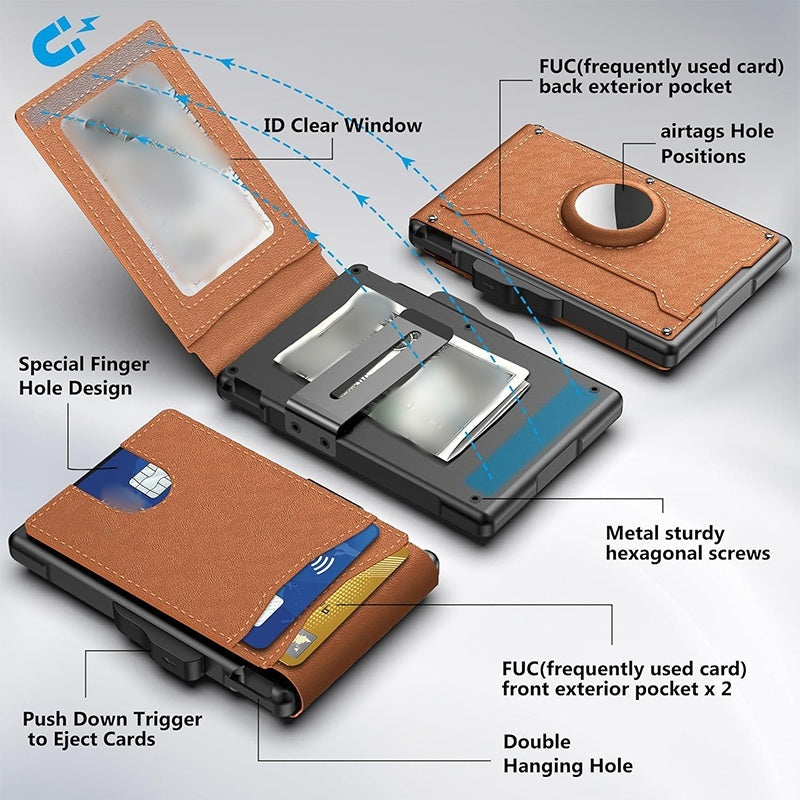Portafoglio uomo con porta carte pop-up in alluminio e clip per banconote in pelle – protezione RFID